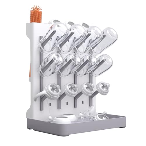 Baby Bottle Drying Rack: Vertical Space Saving Standing Bottle Organizer for Countertop – Holds Glass Baby Bottles, Utensils, Pump Parts, Brushes & Pacifiers, Kitchen – Premium Material (1, Grey)
