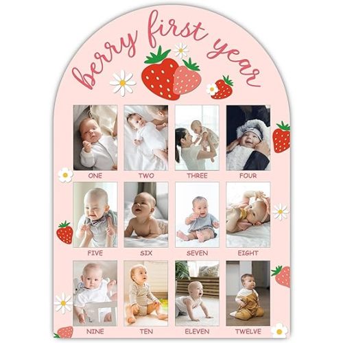 Berry First Year Photo Board Frame, 12 Monthly Baby Milestone Wooden Sign, Gender Neutral Nursery Decor for Girl Boy, Baby Keepsake Gifts for 1st Strawberry Birthday Decorations-A17