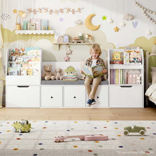 Hiphuta 71" Wide Kids Bookcase with Reading Nook, Large Toy Storage Organizer with 5 Drawers and Seat Cushion, White