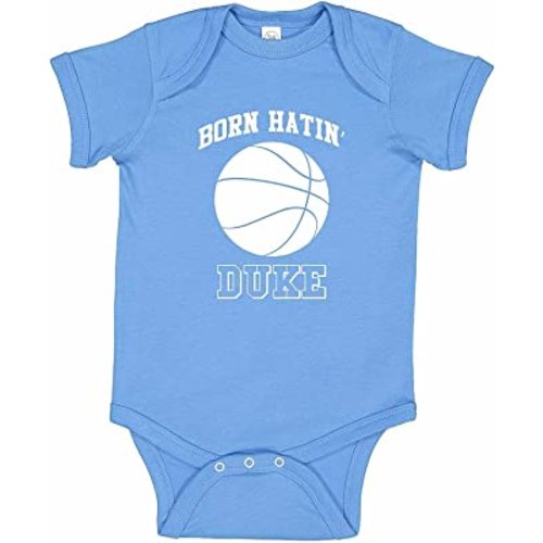 ' Born Hatin' Duke ' UNC Tarheels Funny Basketball Fan Infant Baby Bodysuit - Carolina Blue (6 Months)