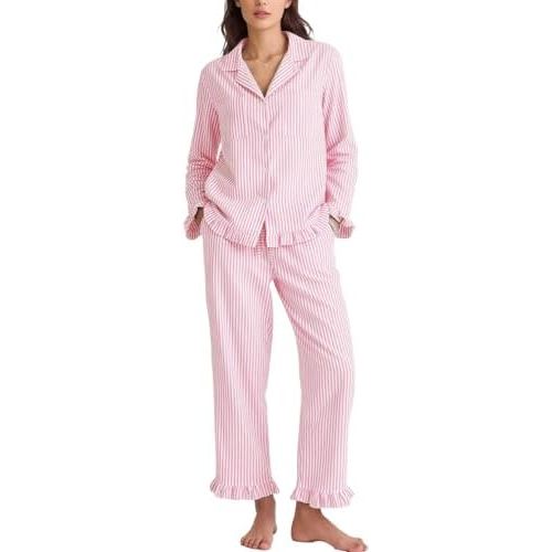 Flygo Womens Striped Pajama Sets 2 Piece Cotton Lounge Sets Button Down Top Straight Leg Pants with Pockets Y2K Pjs Sleepwear