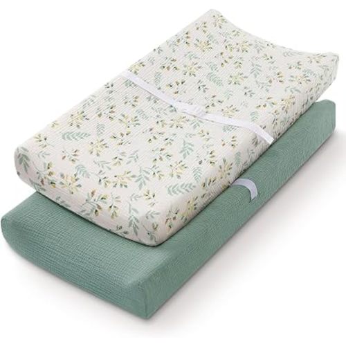Blissful Diary Muslin Changing Pad Cover for Girls Boys, Ultra Soft Breathable Cotton, Baby Diaper Change Table Pad Covers, 2Pack (Roman Green&Leaf)