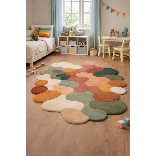 Hand Tufted Abstract Kids Rug – Organic Shape Colorful Playroom Area Rug 5x7 6x9 8x10 – Modern Nursery Carpet Soft Wool Bedroom Decor