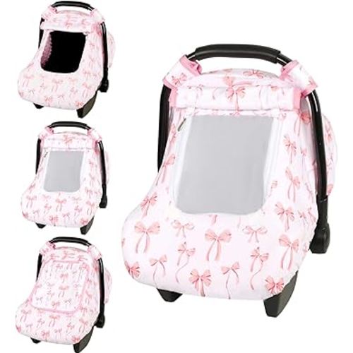 Baby Car Seat Cover, Windproof Carseat Cover for Infant Girls, Infant Warm Carseat Canopy with Double Layer Fabric for Winter, Compatible with Most Baby Car Seat, Bow