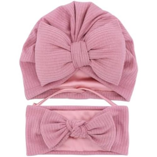 Jomila Bundle of Bonnet and Headband for Baby Newborn Silk Satin Lined Beanie Toddler Infant Girls Adjustable Hat 0-6 Months