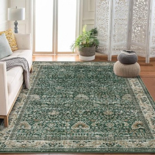 Washable Antique Distressed Area Rugs, Green 8'x10' Vintage Print Accent Non Slip Large Carpet for Living Room Bedroom Nursery Office Farmhouse