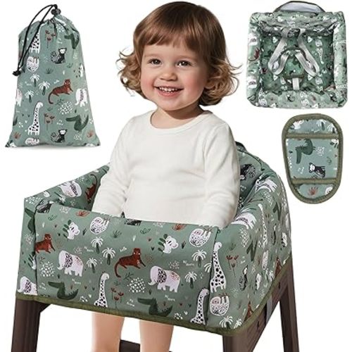 Baby High Chair Cover Restaurant with Strap Pads & 3-Point Harness, Machine Washable, Waterproof Portable Highchair Covers for Eating, Travel, Home Use - Fits Wooden Chairs, Green Dinosaurs