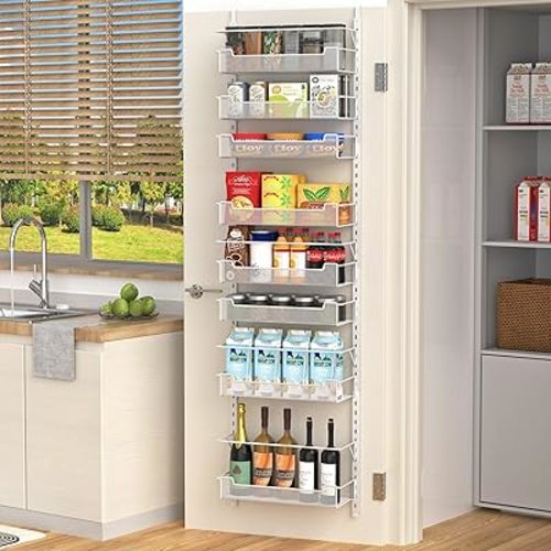 Over the Door Pantry Organizer, 8-Tier Over the Door Organizer with Adjustable Basket, Pantry Door Organization for Pantry Kitchen Storage Room Spice Rack, White
