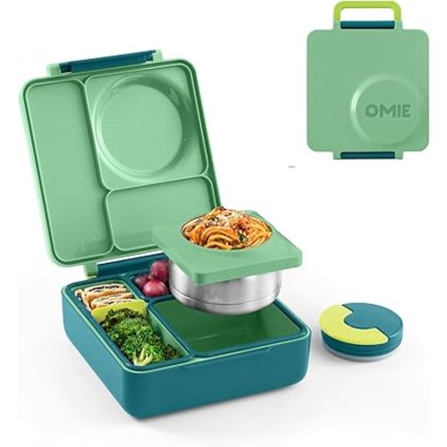 OmieBox Bento Box for Kids - Insulated Bento Lunch Box with Leak Proof Thermos Food Jar - 3 Compartments, Two Temperature Zones - (Meadow)