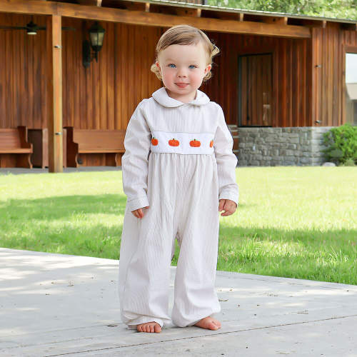 Pumpkin French Knot Tan Gingham Romper