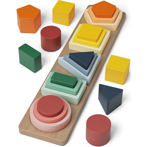 GOPO TOYS Montessori Toys for 18+ Months Old - Toddlers Wooden Sorting and Stacking Toys for Baby Boys and Girls - Shape Sorter and Color Stacker Preschool Kids Wood Gifts - Style C