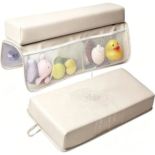 Baby Waterproof Vegan Leather Bath Kneeler and Elbow Rest Pad Set | Thickened Non-Slip Memory Foam Knee & Arm Support Bathtub Mat with Toy Organizer for Infant Toddler Bathing