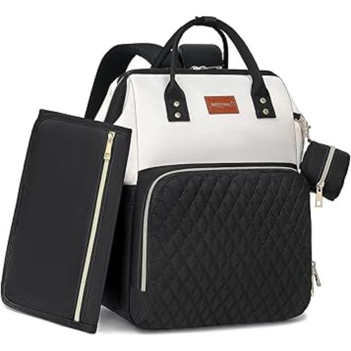 Baby Diaper Bag Backpack with Changing Pad, Pacifier Case, for Boy Girl Toddler - Large, Stylish, Waterproof Travel Quilted Diaper Bag for Mom - Black/White