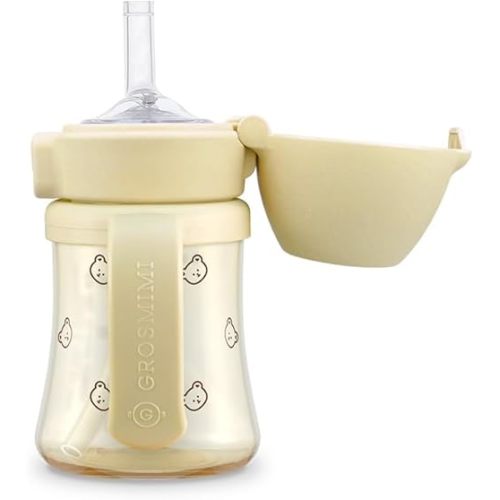 GROSMIMI Flip Top Spill Proof Sippy Cup, PPSU, BPA Free, 6 oz, Stage 2 Straw for Toddlers (Bear)