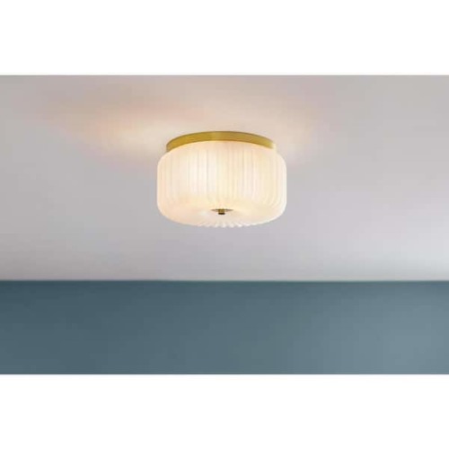 Caroline 11 in. 2-Light Aged Brass Flush Mount with Frosted Glass Shade