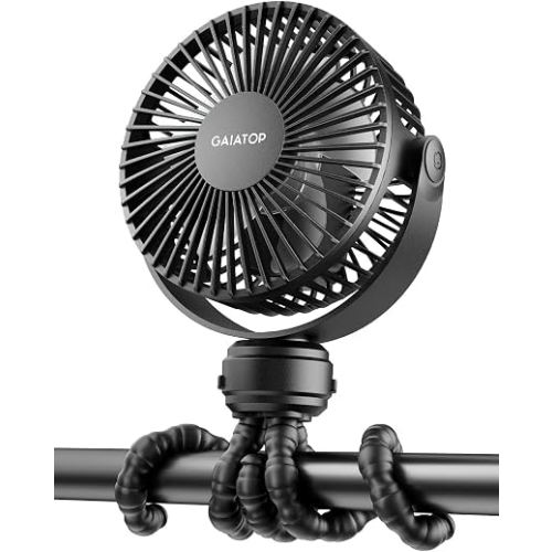 Gaiatop Mini Portable Stroller Fan, Small Clip on Fan Black | Battery Operated Detachable, 3 Speed Rechargeable, 360° Rotate Flexible Tripod, Cooling for Car Seat Crib Treadmill Travel