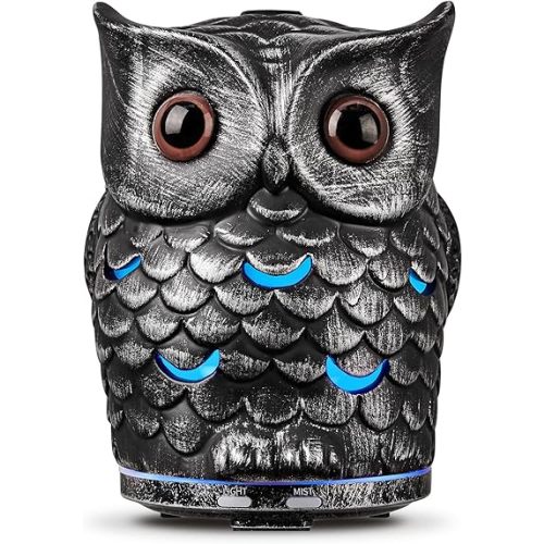 ALIEYE Owl Essential Oils Diffuser, Ceramic Hand-Painted Diffuser, 200ML Quiet with Waterless Shut-Off Protection, Cool Mist with 7 Colors LED Lights 2 Mist Mode for Bedroom Home, Office, Silver