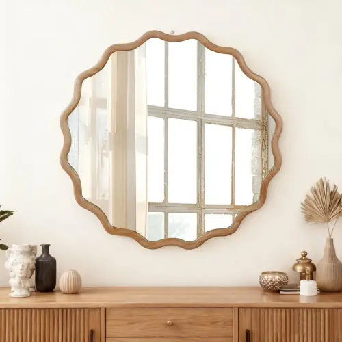 36" Wavy Round Solid Wood Frame Decorative Accent Mirror