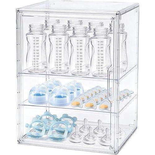 LARGE Baby Bottle Organizer, Upgraded Bottle Storage Organizer Baby for Countertop Cabinet, Removable Baby Organizer with Magnetic Door, Bottle Station Organizer for Nipples, Pump Parts, THICKENED