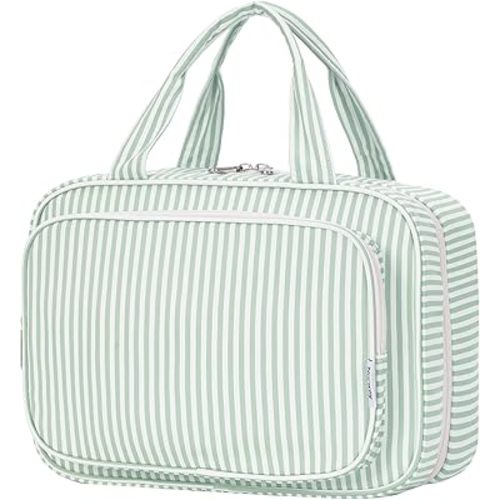 Narwey Striped Travel Toiletry Bag for Women Large Hanging Makeup Bag Organizer Toiletries Bag for Full Size Essentials Accessories Cosmetics (Mint Green Stripe (Large))