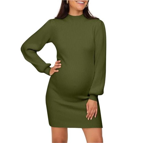 Lueluoye Maternity Sweater Dress for Pregnant Women Turtleneck Puff Sleeve Knit Slim Fit Bodycon Mini Dress