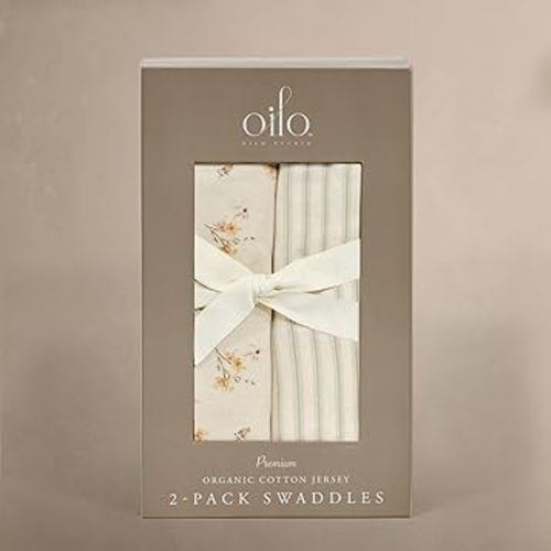Oilo Premium Muslin Swaddle Blanket Set, Breathable 100% Organic Cotton 4-Way Muslin, Soft Large Receiving Blanket (46" x 46"), 2-Pack, Heirloom Organic Collection, Dainty Floral & Sea Moss Stripe