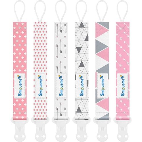 Smlpuame Pacifier Clip Girl,6 Pack Stylish Binky Clips Strap for Baby Girls,Paci Holder with Clip Lightweight Universal Fits Most Pacifiers Teether Toy Teething Ring Soothie,Baby Gifts(Pink & Grey)