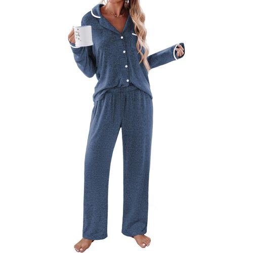 Size L Navy Ekouaer Women's Pajama Sets Long Sleeve Button Down 2 Piece Pjs Soft Lounge Sets Notch Collar Sleepwear