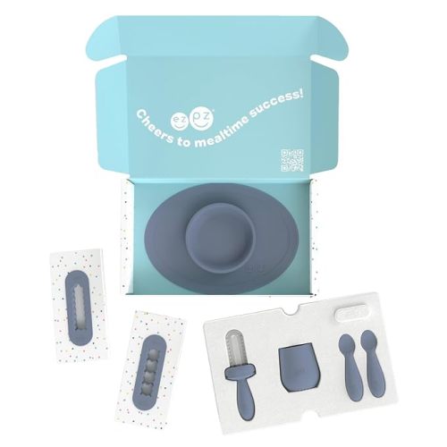 ezpz Kit 2: Learn to Eat and Drink (Indigo) - Tools to Help Your Baby Practice Chewing, Sipping, and Self-Feeding - Start Solids + Baby-Led Weaning Safely - Shower Essentials & Gifts