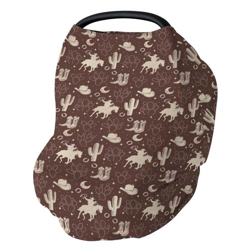 Vintage Western Cowboy Baby Car Seat Covers Cowboys Boots Hat Horse Cactus Moon Stretchy 5-in-1 Cover Adjustable Infant Carseat Canopy Cover Wild West Desert Breathable Nursing Cover-Up Brown
