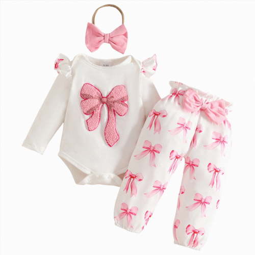 HCNTES Baby Girl Clothes Girl Fall Winter Outfits Pants Set Preemie Clothing Headband(0-3 Months,Pink#g1)