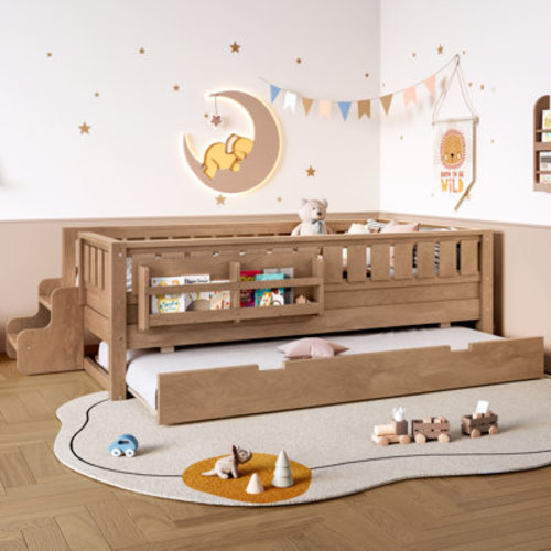 Ophelia & Co. Built-in bookshelves and small staircase, high-quality safety rails, and Trundle | Wayfair