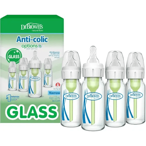 Dr. Brown's Anti-Colic Options+ Narrow Glass Baby Bottle, 4 oz/120 mL, with Level 1 Slow Flow Nipple, BPA-Free, 0m+, 4 Pack
