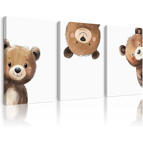 Bear Nursery Wall Art Decor Kids Canvas Poster Baby Boy Nursery Wall Decor Woodland Animal Pictures Teddy Peeking Bear Prints Cute Brown Painting Neutral Artwork Bedroom 16x24x3 Inch Ready to Hang