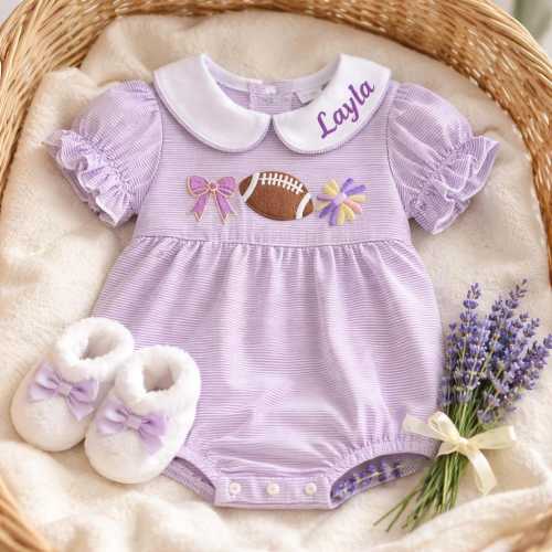 Purple White Striped Bubble Romper, Football Cheer, Peter Pan Collar, Personalized Name Embroidery