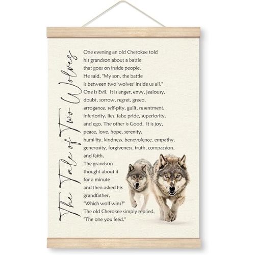 Yxadu Inspirational Wooden Poster Hanger Frame, Tale of Two Wolves Poster Hanger, Wolf Poster Hanger, Canvas Poster Wood Hanger, Christian Wolf Gift, Farmhouse Wall Decor, Native American Wall Art