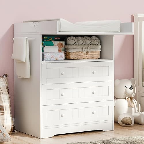 Baby Changing Table with Foldable Tabletop, White Baby Dresser with 3 Drawers & Open Storage Space, Modern Diaper Changing Station with Storage, Perfect for Bedroom & Nursery (Pad Not Included)