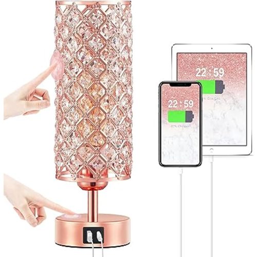 Pink Crystal Table Lamp, 3 Way Dimmable Touch Lamps for Night Stands