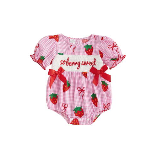 Newborn Baby Girl Bubble Romper Short Sleeve Strawberry Smocked Bodysuit Summer One Piece Outfit