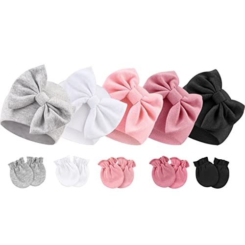 BQUBO Newborn Baby Girls Hats Mittens Set Hospital Hat Beanie Infant Bow Hats Baby Cotton Gloves for 0-6 Months