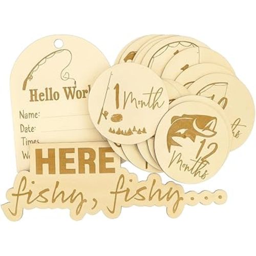 SM Design Baby Milestone Markers Set of 12 + Birth Announcement Sign | Monthly Baby Photo Props | First Year Milestones | Nursery Wall Decor | Hobby Theme (Fishing)