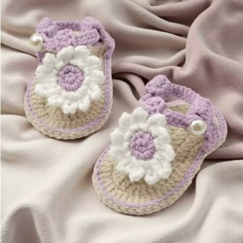 1 Pair Handmade Infant Sandals, Crochet Daisy Flower Design, Yellow & White Color, Pearl Button Detail | SHEIN USA