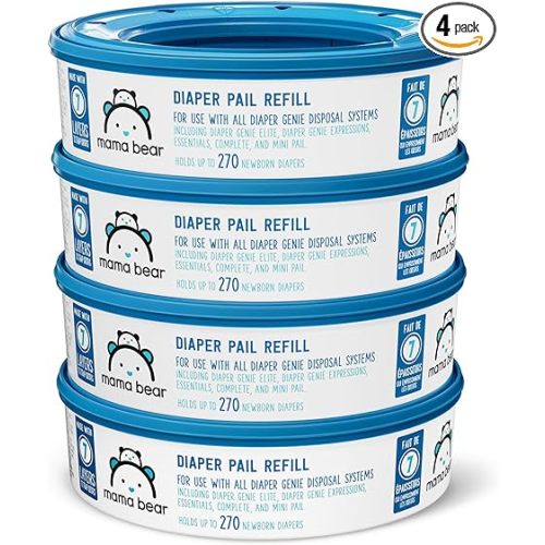 Amazon Brand - Mama Bear Diaper Pail Refills for Diaper Genie Pails, Unscented, 1080 Count (4 Packs of 270 Count)