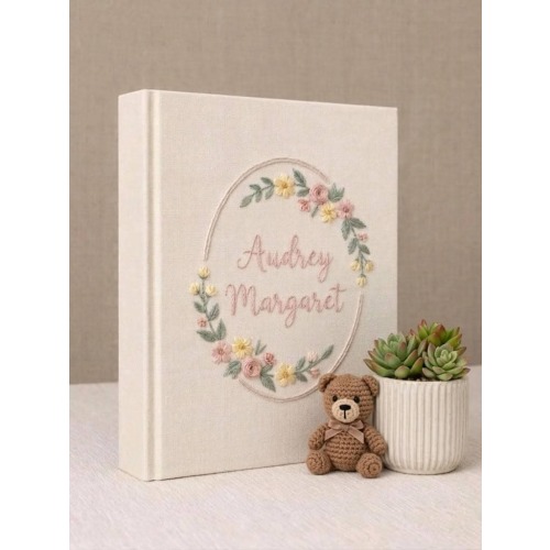 Embroidered Keepsake Linen Photo Album, Personalized Baby Memory Book, Hand Embroidered Newborn Keepsake Gift