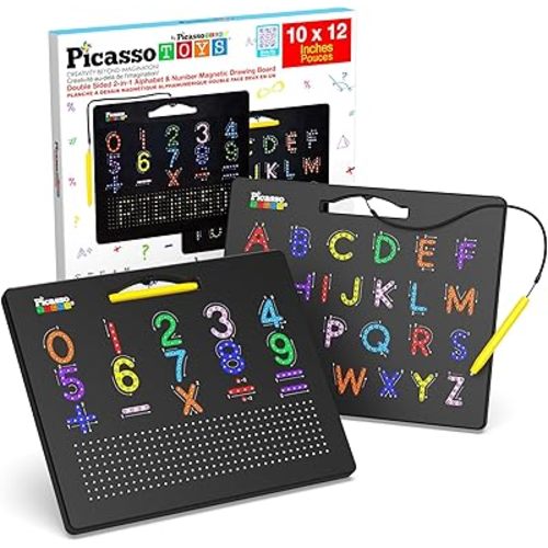 PicassoTiles | Magnetic Drawing Board — Alphabet and Number Side, 2-in-1 (black)