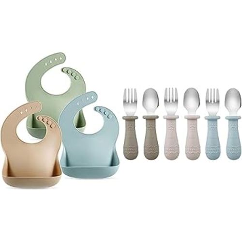 PandaEar Baby Bibs & Toddler Utensils (Light Tan/Walnut/Blue)