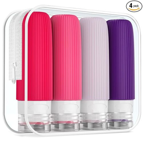 Mrsdry Travel Bottles for Toiletries, Tsa Approved 3oz Portable Travel Bottles, BPA Free Leak Proof Squeezable Silicone Travel Size Containers, Travel Accessories with Clear Toiletry Bag (4 Pack)