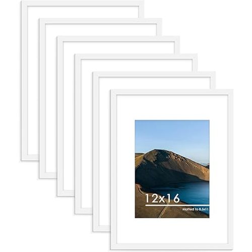 PEALSN 12x16 Picture Frame Set of 6, Display Pictures 8.5x11 with Mat or 12x16 Without Mat for Wall Mounting Display, Photo Frames Collage for Wall Decor, White.