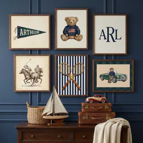 Personalized Preppy Nursery Art, Ralph Teddy Bear, Vintage Sports Kids Room (Digital Download)