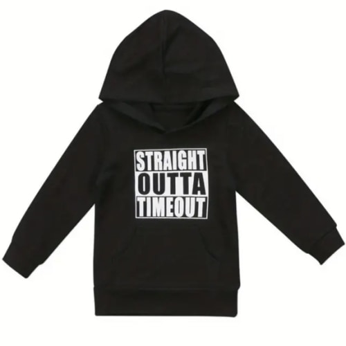 Temu | 0-5 Years Baby Cotton Hooded Sweatshirt - Long Sleeve Casual Pullover with "STRAIGHT OUTTA TIMEOUT" Letter Print, Ribbed Cuffs & Hem, Machine Washable Spring/Fall Top, Spring Fall Clothing, Relaxed Fit Hoodie, Comfortable Infant Wear